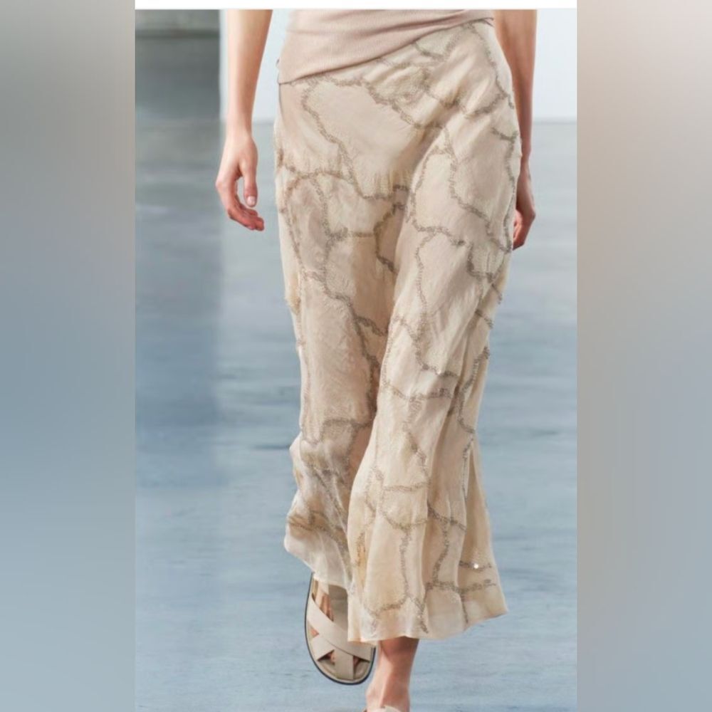 New ZARA Satin Midi Long Slip Skirt Beige Marble Neutral Nude Sz M Beads Sheer - Picture 3 of 14
